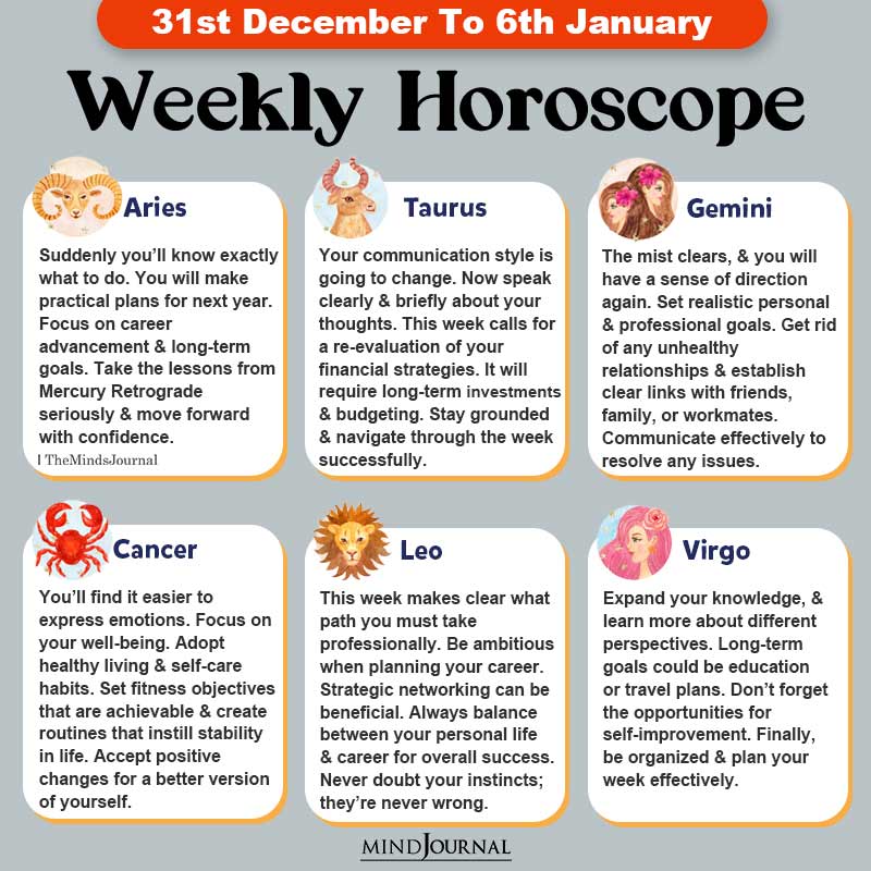 Weekly Horoscope For Each Zodiac Sign(31st December To 6th January)